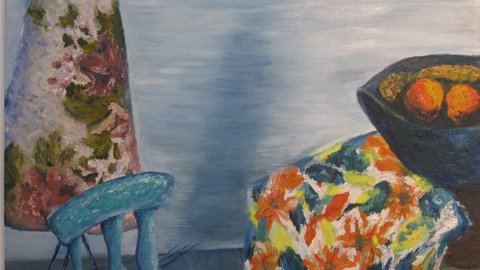 Bild gemalt: blauer Stuhl an einem Tisch