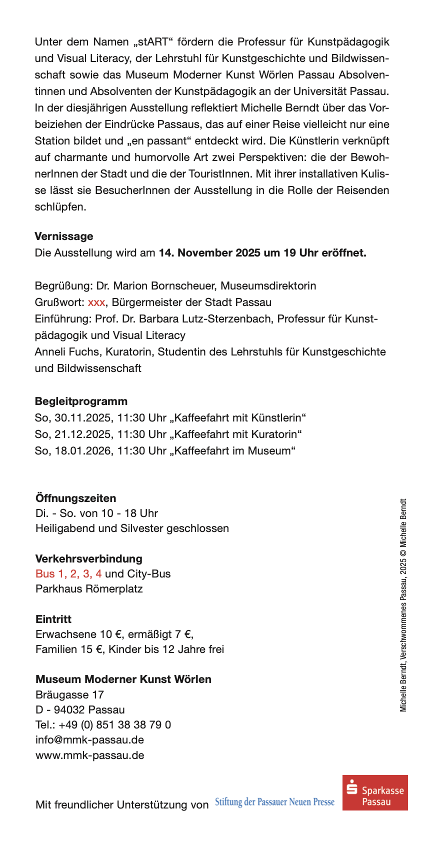 Die zweite von zwei Seiten der Einladungskarte zur Ausstellung 'en passant'. Weitere Termine im Rahmenprogramm neben der Vernissage schließen eine Kaffeefahrt mit der Künstlerin am 30.11.25 um 11:30 Uhr ein. Außerdem eine Kaffeefahrt mit der Kuratorin am 21.12.2025 um 11:30 Uhr und eine Kaffeefahrt im Museum am 18.01.2026, um 11:30 Uhr. 