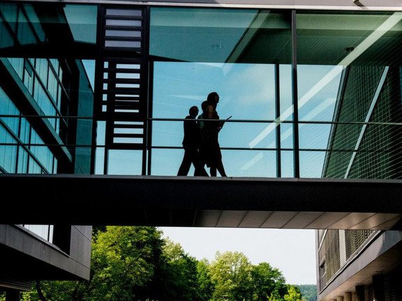 A glass passageway between two buildings