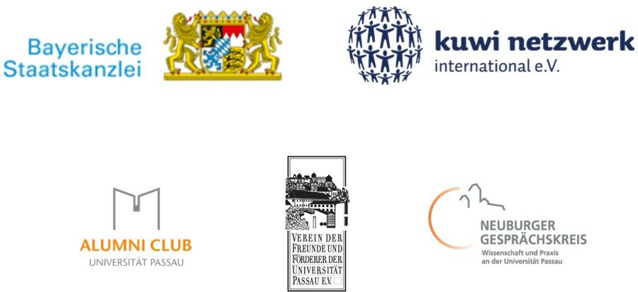 Logos of the sponsors of the 4th Qu&eacute;bec-Bavaria Forum (Bavarian State Chancellery, Kuwi Network, Alumni Club of the University of Passau, Association of Friends and Supporters of the University of Passau, Neuburg Discussion Group)