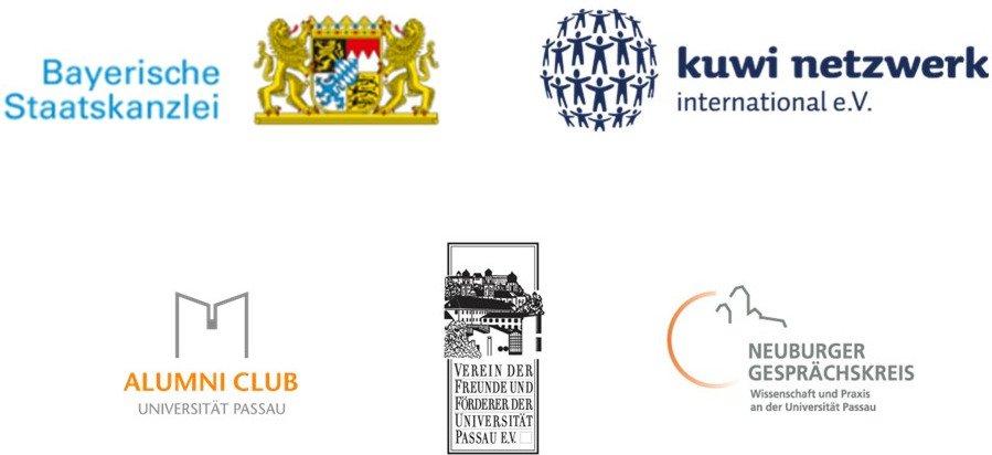 Logos der F&ouml;rderer des 4. Qu&eacute;bec-Bayern Forums (Bayerische Staatskanzlei, Kuwi Netzwerk, AlumniClub Uni Passau, Verein der Freunde und F&ouml;rderer der Universit&auml;t Passau, Neuburger Gespr&auml;chskreis)