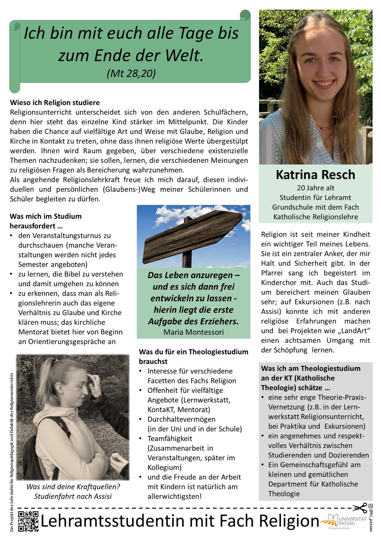 Plakat von Katrina Resch, in dem sie erkl&auml;rt, warum sie Lehramt Grundschule mit Katholischer Religion studiert