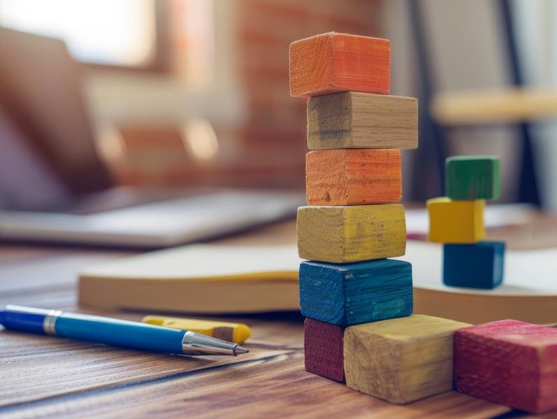 A stack of wooden blocks on a desk. Symbolbild Studieren mit Kind