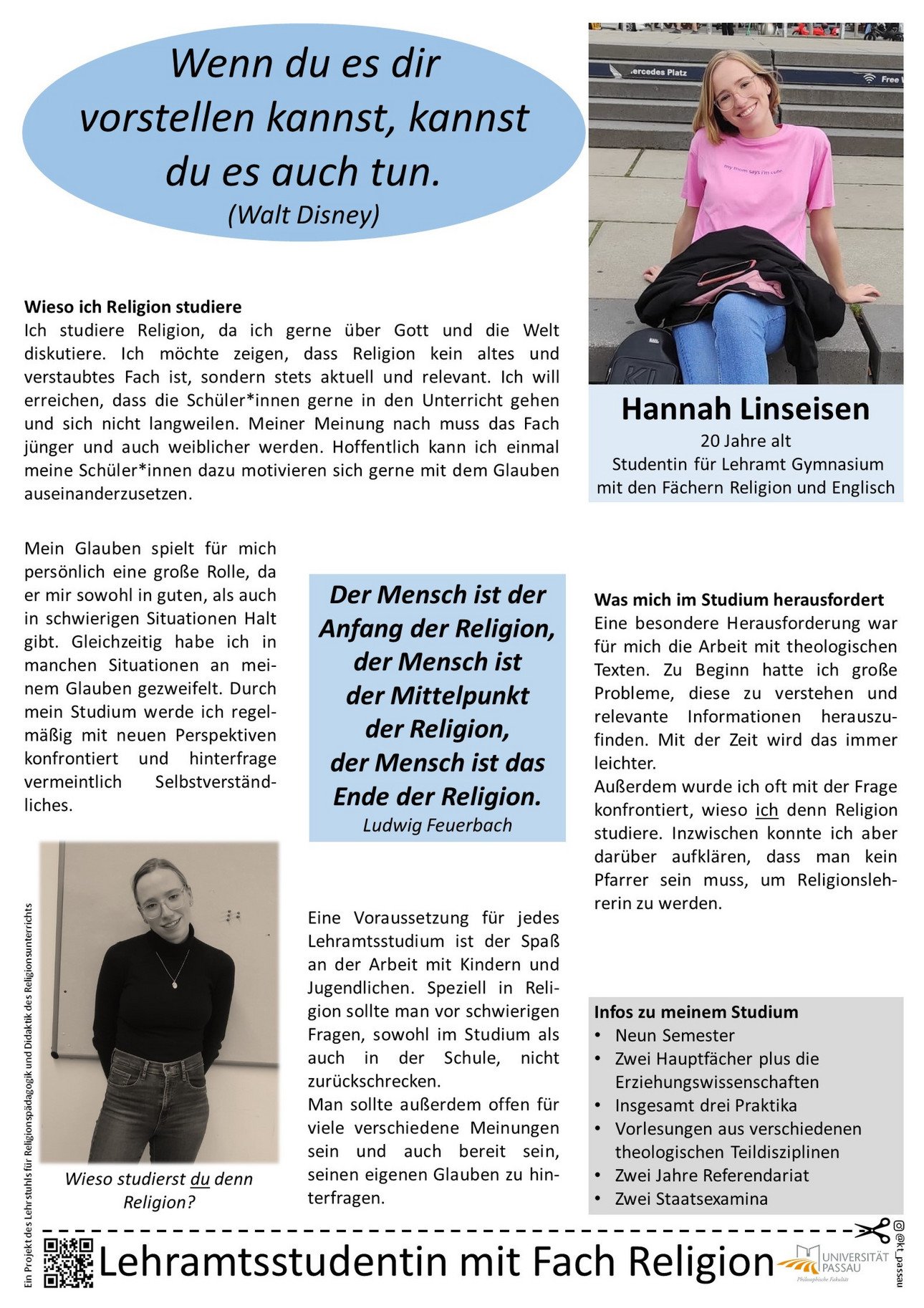 Plakat von Hannah Linseisen, in dem sie erkl&auml;rt, warum sie Lehramt Gymnasium mit Katholischer Religion studiert