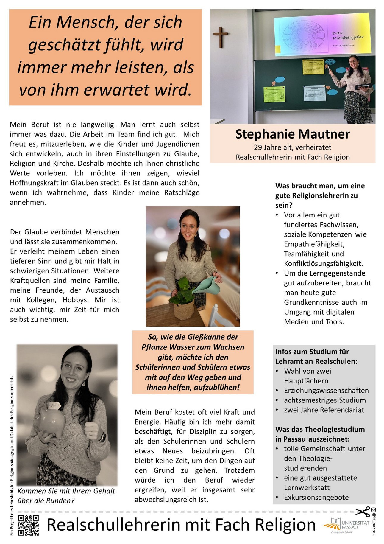 Plakat von Stephanie Mautner, in dem sie erkl&auml;rt, warum sie gerne Katholische Religion an der Realschule unterrichtet