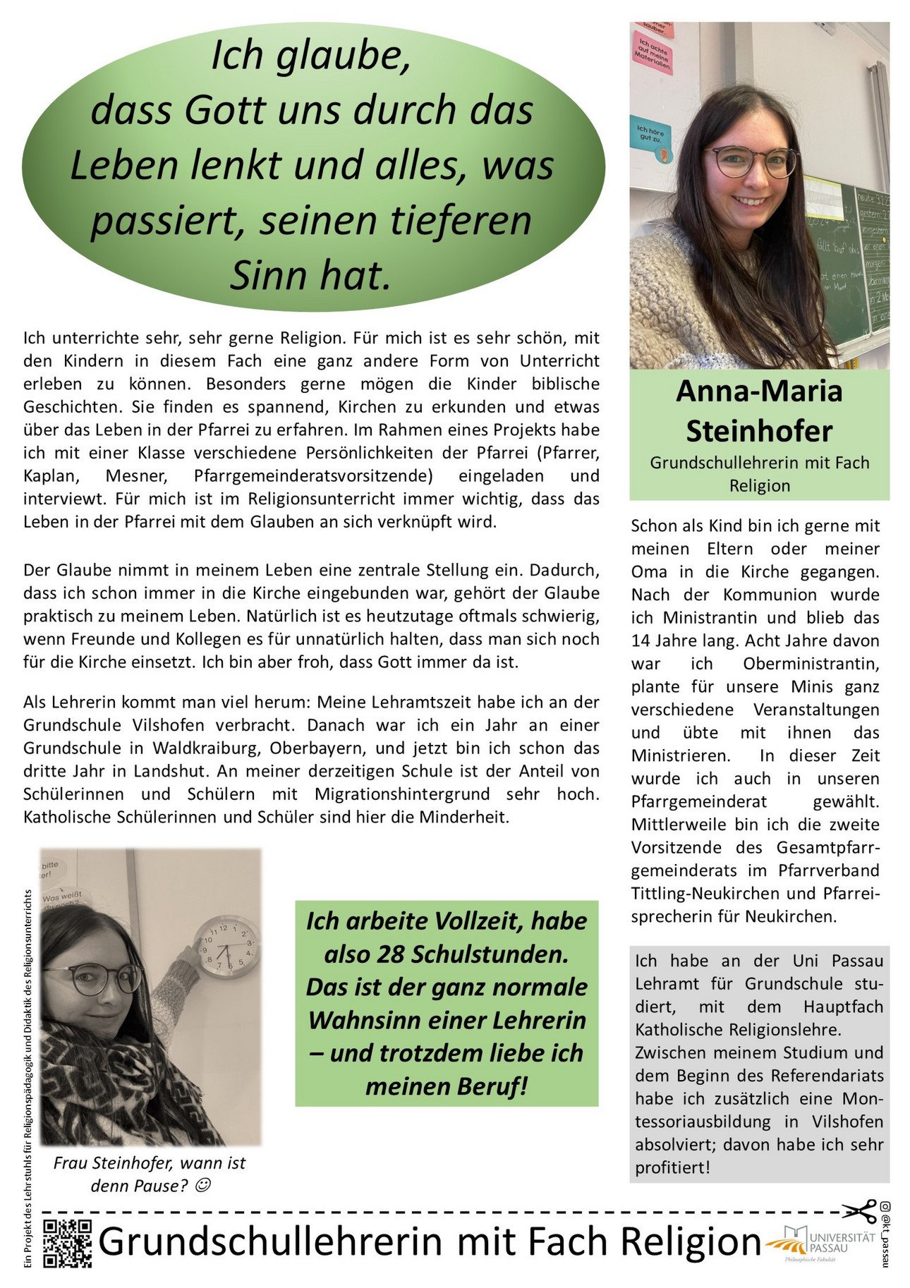 Plakat von Anna-Maria Steinhofer, in dem sie erkl&auml;rt, warum sie gerne Katholische Religion an der Grundschule unterrichtet