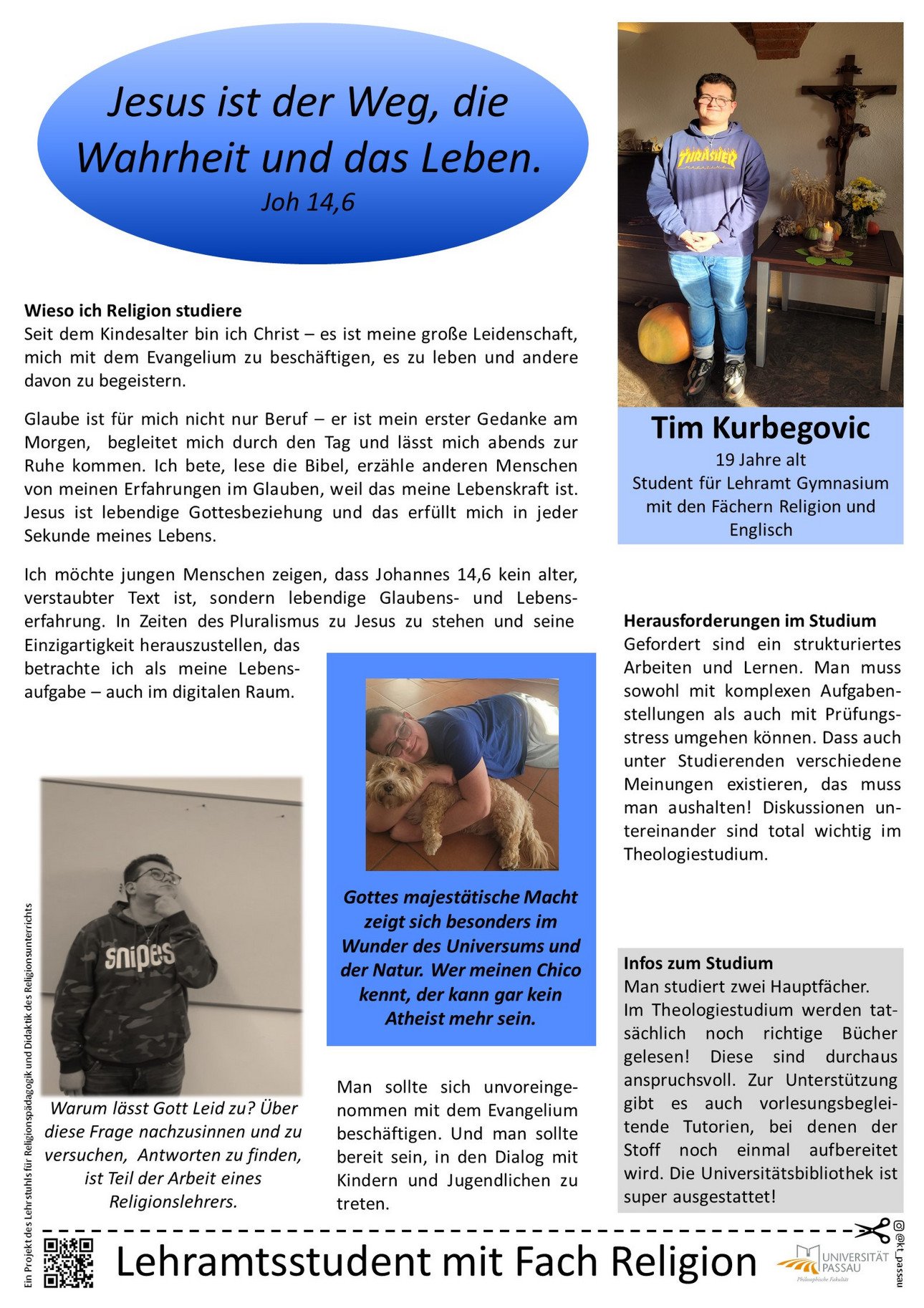 Plakat von Tim Kurbegovic, in dem er erkl&auml;rt, warum er Lehramt Gymnasium mit Katholischer Religion studiert