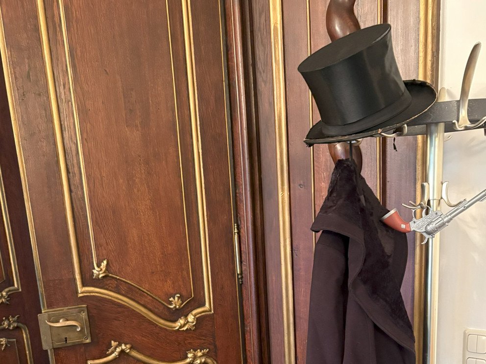 Raincoat and top hat on the coat rack