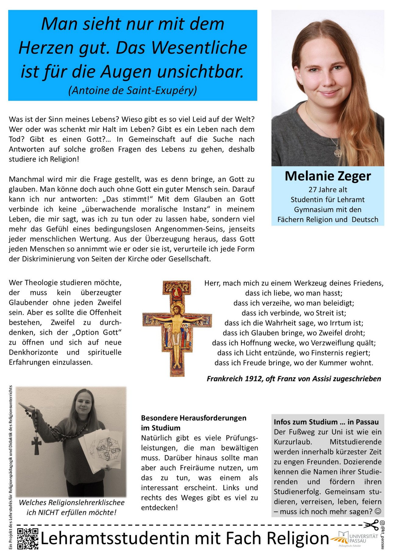 Plakat von Melanie Zeger, in dem sie erkl&auml;rt, warum sie Lehramt Gymnasium mit Katholischer Religion studiert