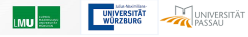 Logos der am Projekt beteiligten Universitäten: LMU, Universität Würzburg, Universität Passau
