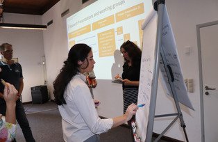 Participants in a working group, female writing on a flipchart