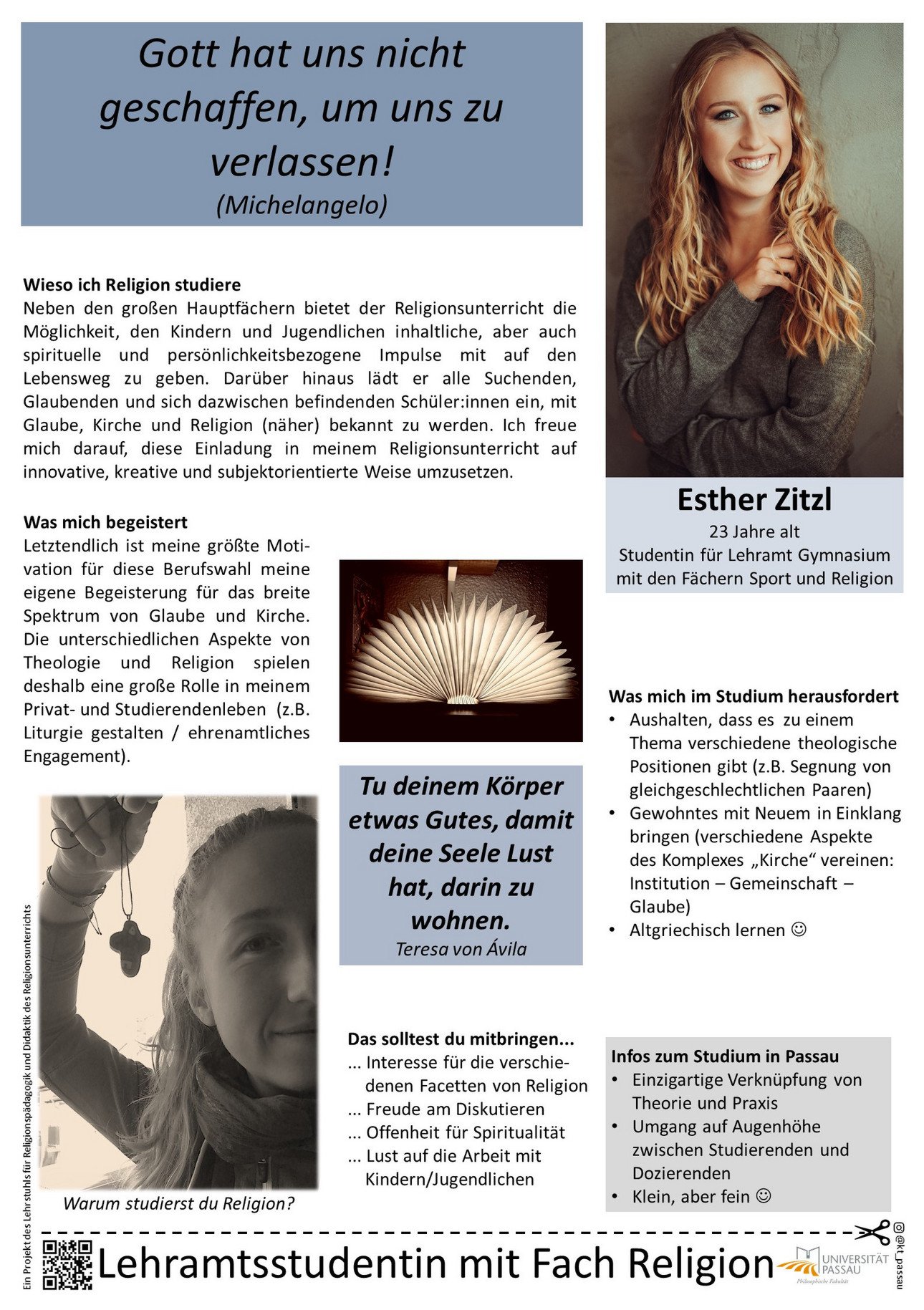 Plakat von Esther Zitzl, in dem sie erkl&auml;rt, warum sie Lehramt Gymnasium mit Katholischer Religion studiert