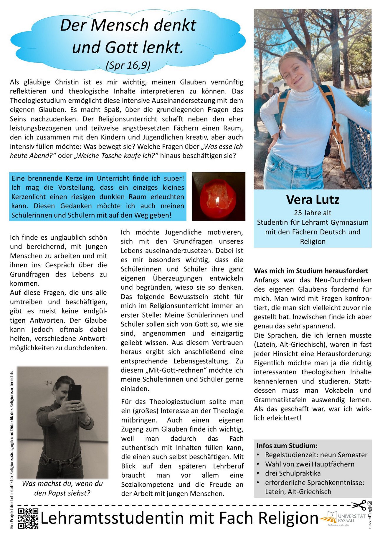 Plakat von Vera Lutz, in dem sie erkl&auml;rt, warum sie Lehramt Gymnasium mit Katholischer Religion studiert