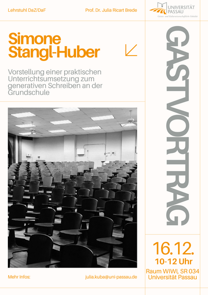 Plakat zum Gastvortrag von Frau Simone Stangl-Huber, unterrichtpraktische Umsetzung zum Modell des generativen Schreibens 