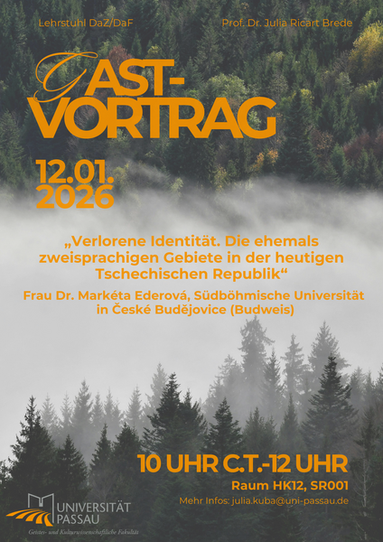Plakat zum Vortrag mit dem Titel Vortrag mit dem Titel &bdquo;Verlorene Identit&auml;t. Die ehemals zweisprachigen Gebiete in der heutigen Tschechischen Republik&ldquo;, 12.01.2026