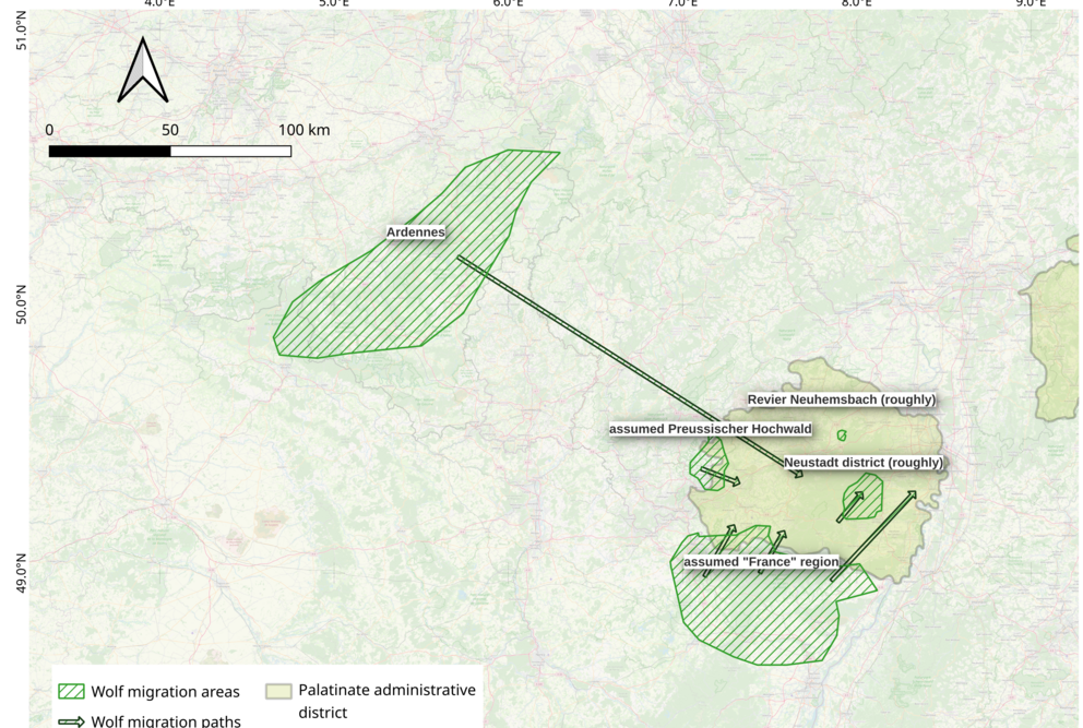 Wolfsmigration; Quelle: eigene Auswertung von AOD1845 data, OpenStreetMap, QGIS, HGIS Germany (https://hgl.harvard.edu/catalog/harvard-ghgis1848districts)