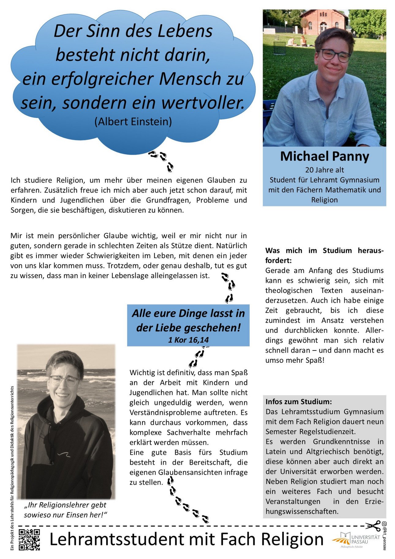 Plakat von Michael Panny, in dem er erkl&auml;rt, warum er Lehramt Gymnasium mit Katholischer Religion studiert