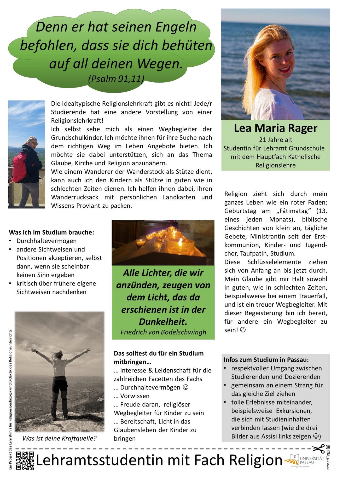 Plakat von Lea Maria Rager, in dem sie erkl&auml;rt, warum sie Lehramt Grundschule mit Katholischer Religion studiert