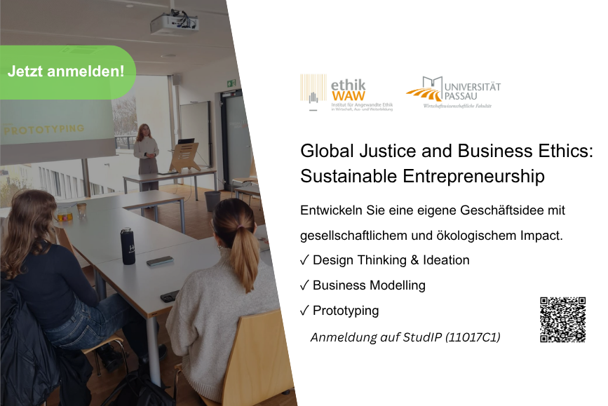 Ank&uuml;ndigungsgrafik f&uuml;r das Seminar "Sustainable Entrepreneurship" der Universit&auml;t Passau im Wintersemester 2026/27