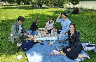 Group on picnic blanket