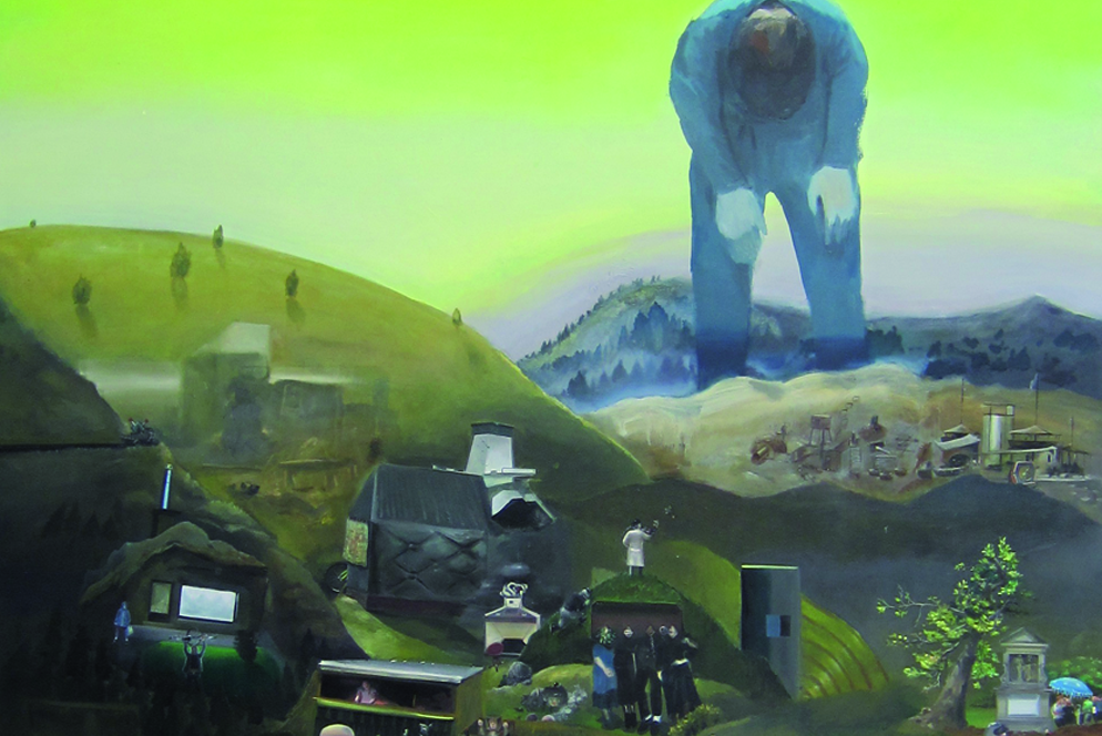 Gem&auml;lde Landschaft mit vorn&uuml;bergebeugtem Mann