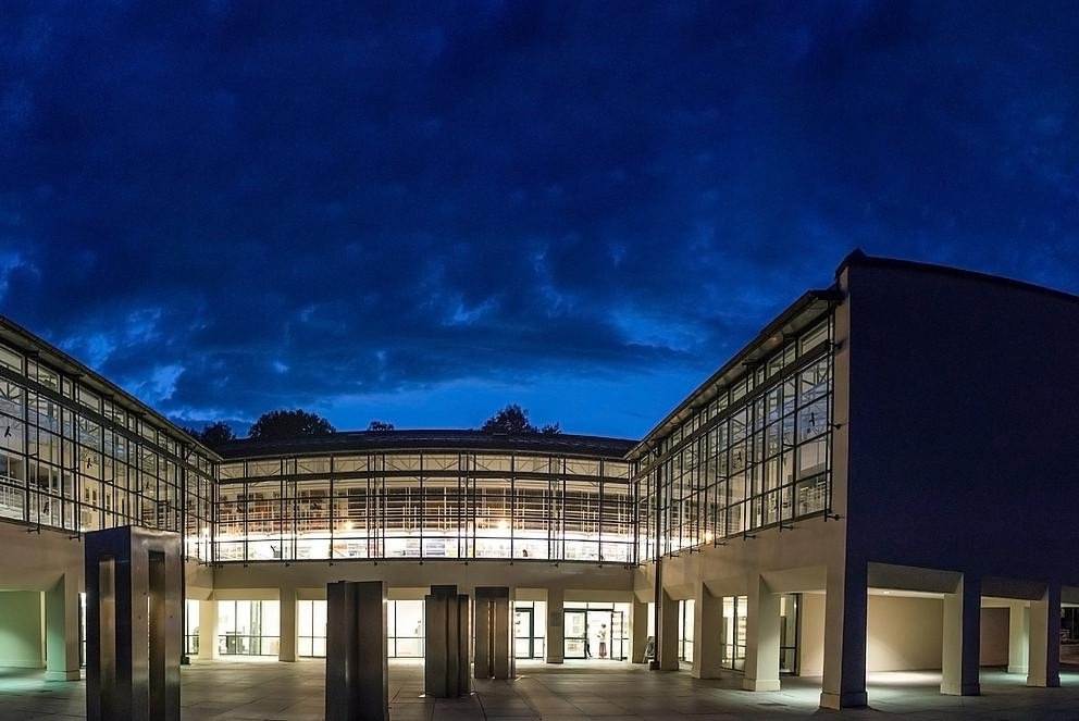 The library entrance at night