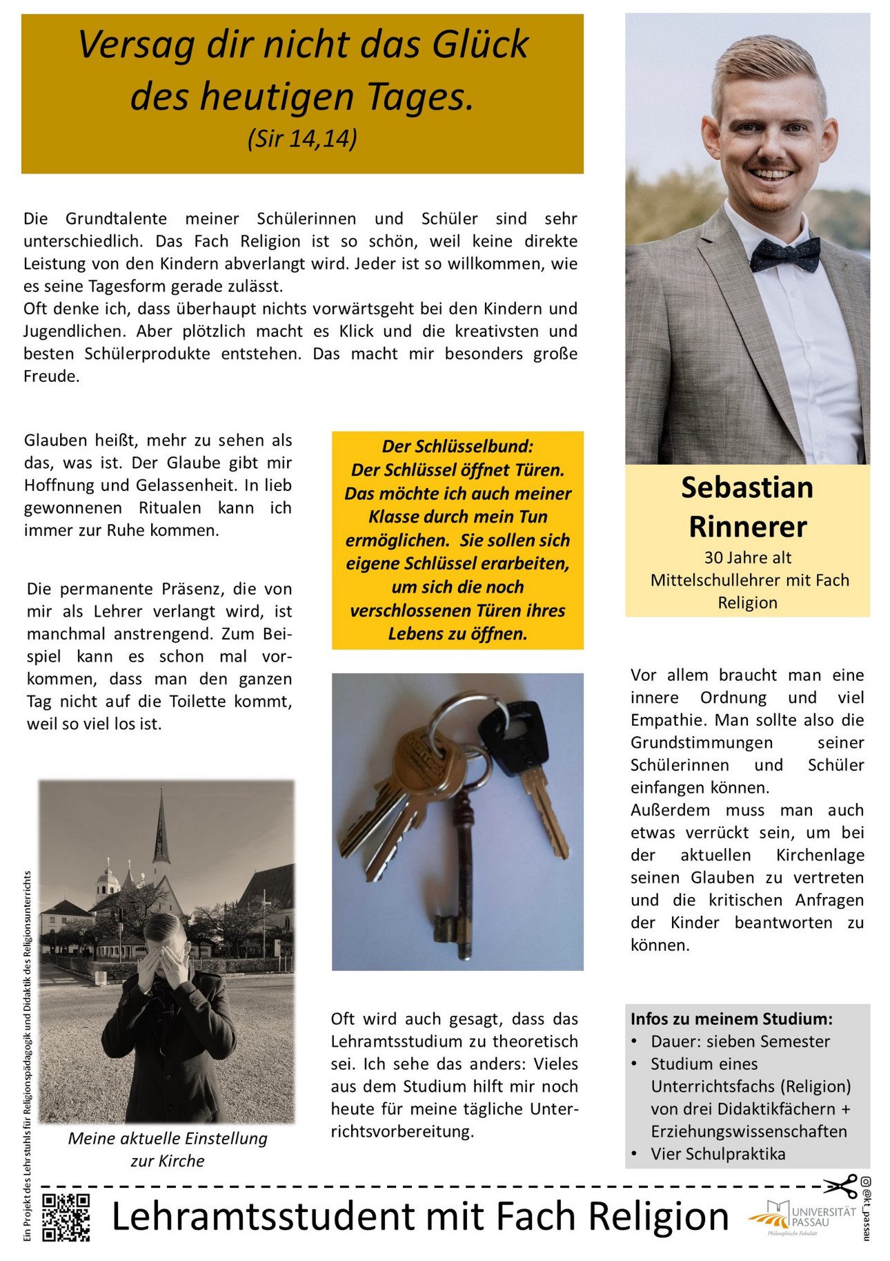 Plakat von Sebastian Rinnerer, in dem er erkl&auml;rt, warum er gerne Katholische Religion an der Mittelschule unterrichtet