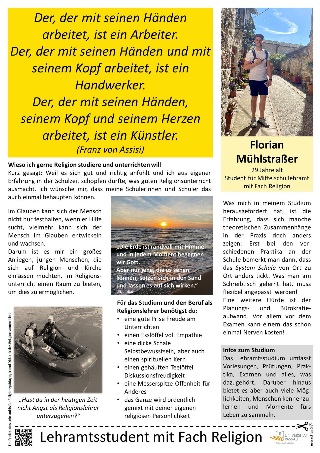 Plakat von Florian M&uuml;hlstra&szlig;er, in dem er erkl&auml;rt, warum er Lehramt Mittelschule mit Katholischer Religion studiert