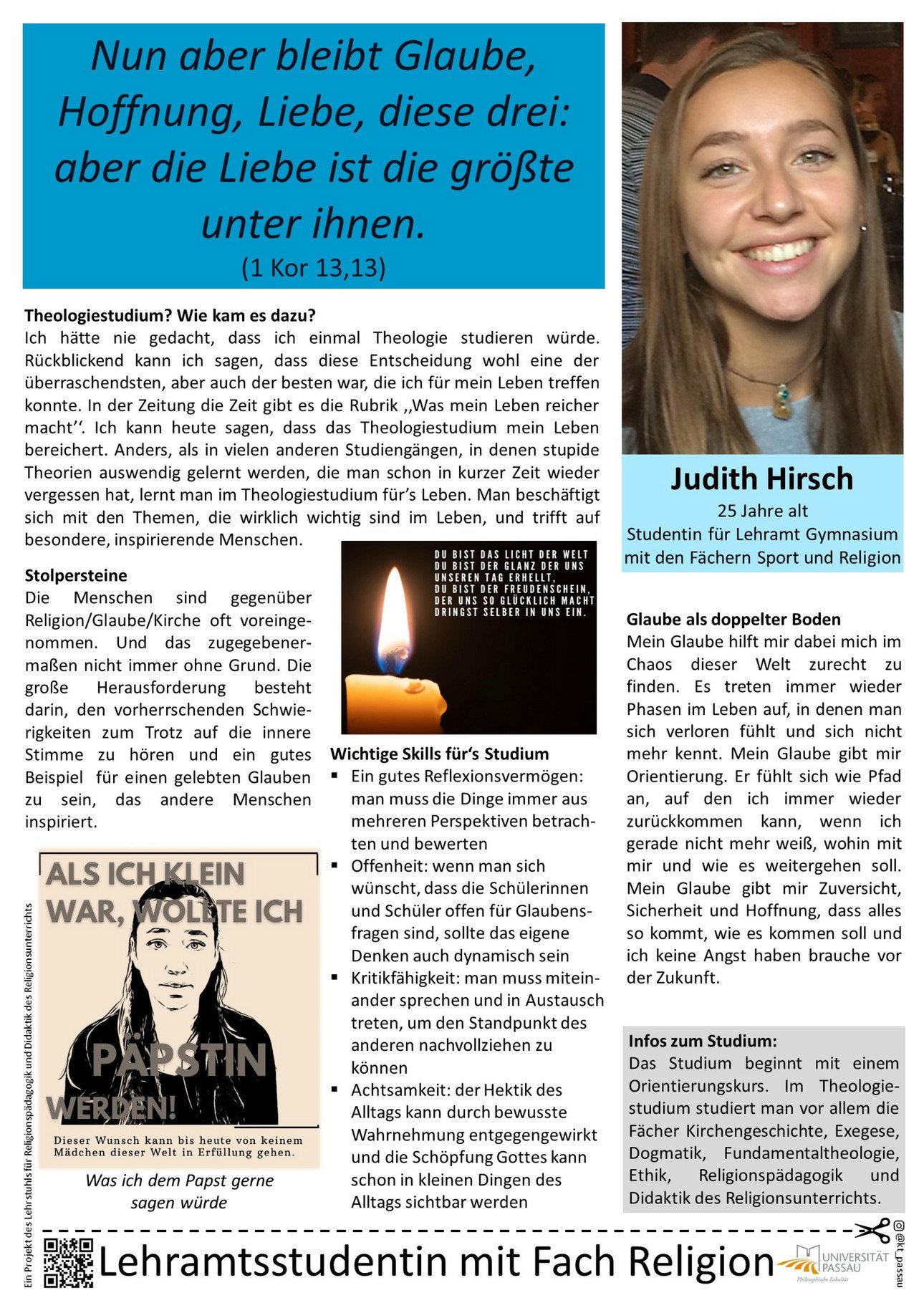 Plakat von Judith Hirsch, in dem sie erkl&auml;rt, warum sie Lehramt Gymnasium mit Katholischer Religion studiert