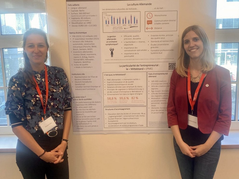 Elisabeth Huber and Rosanna Schropp next to their poster on German culture and "Mittelstand" (SMEs)