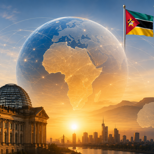 KI-generiertes Bild mit dem Reichstag, der Weltkugel und zwei Flaggen