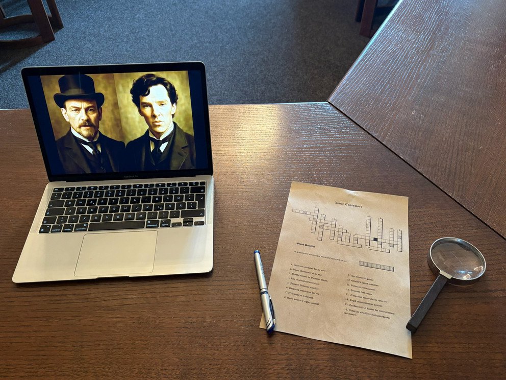 Notebook, crossword puzzle and magnifying glass an the table