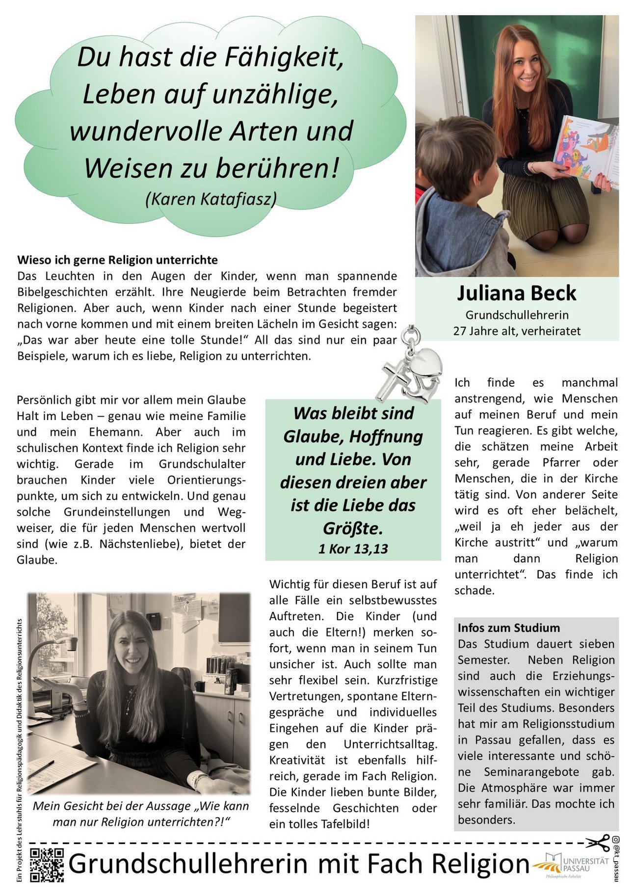 Plakat von Juliana Beck, in dem sie erkl&auml;rt, warum sie gerne Katholische Religion an der Grundschule unterrichtet