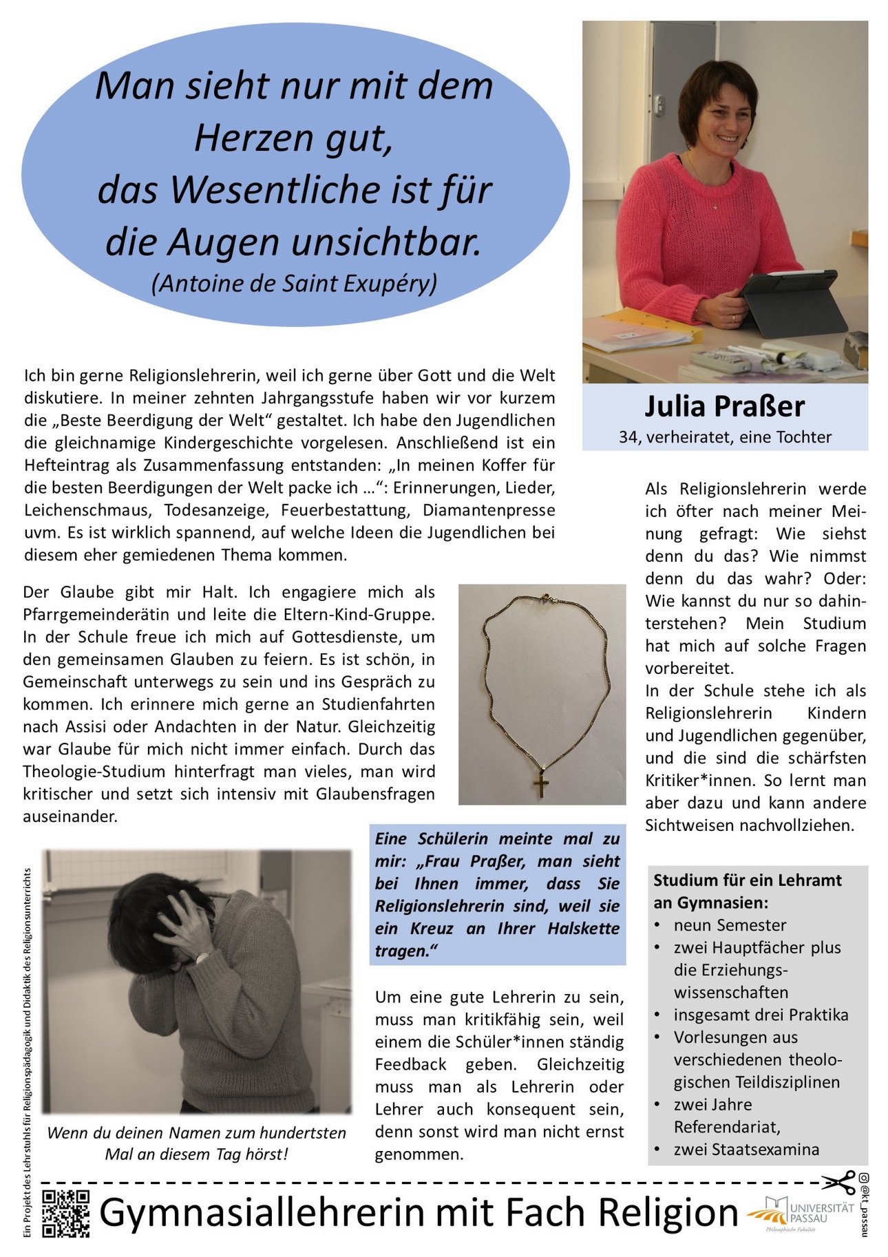 Plakat von Julia Pra&szlig;er, in dem sie erkl&auml;rt, warum sie gerne Katholische Religion am Gymnasium unterrichtet