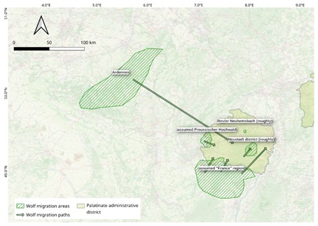 Wolfsmigration; Quelle: eigene Auswertung von AOD1845 data, OpenStreetMap, QGIS, HGIS Germany (https://hgl.harvard.edu/catalog/harvard-ghgis1848districts)